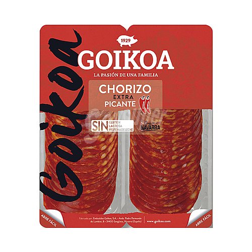 Goikoa Chorizo extra cortado en lonchas, elaborado sin gluten, ni lactosa ni proteína de leche goikoa