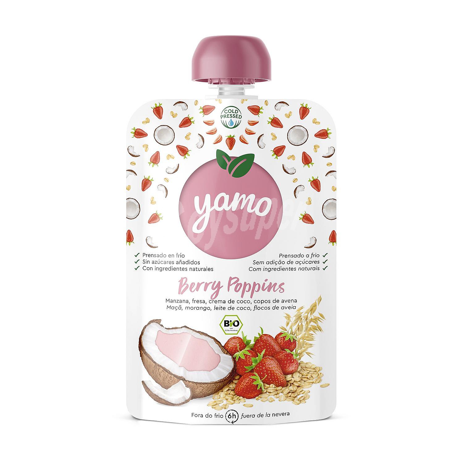 Bolsita de manzana, fresa, coco y avena sin azúcar añadido ecológico yamo Berry Poppins