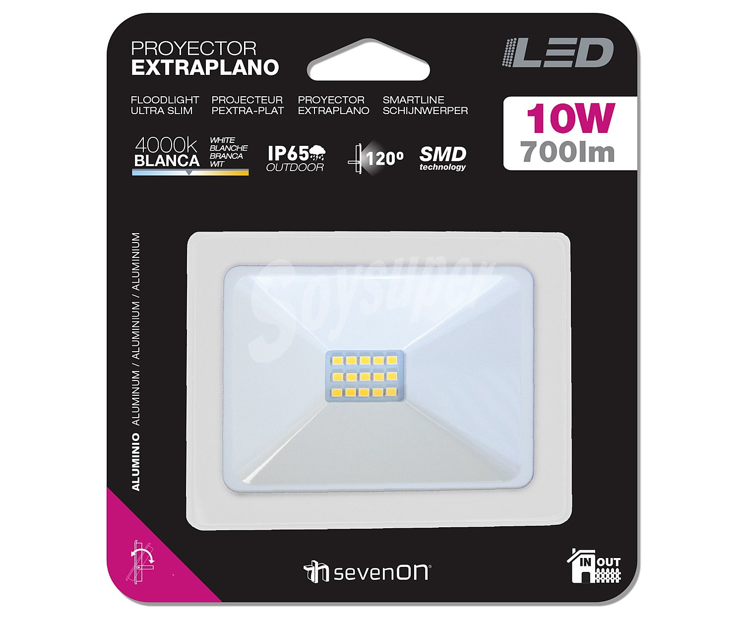 Proyector led extraplano de 10W con temperatura de color 4000k, luz blanca, sevenon.