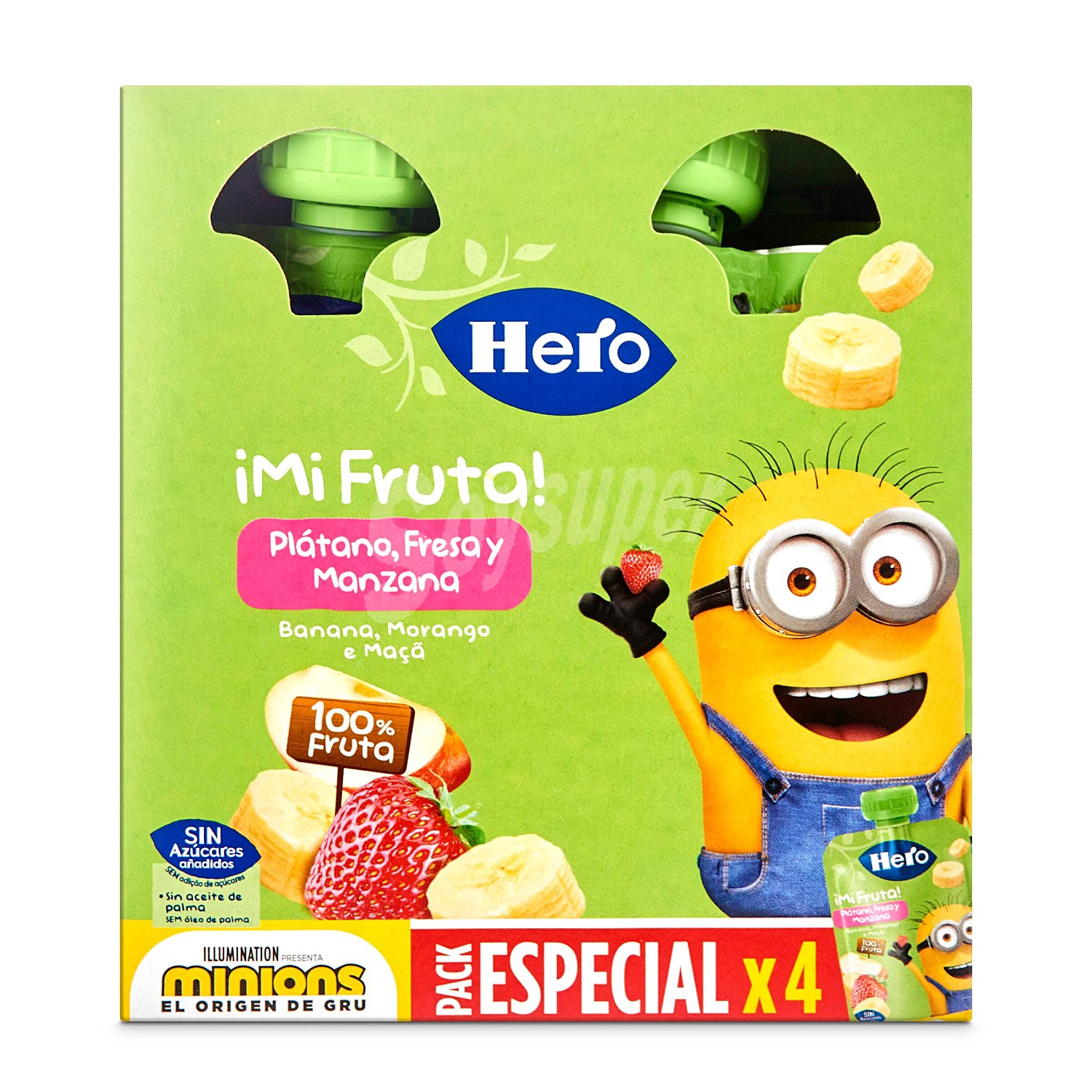 Bolsita de plátano, fresa y manzana desde 12 meses sin azúcar añadido Hero Mi Fruta sin gluten sin aceite de palma