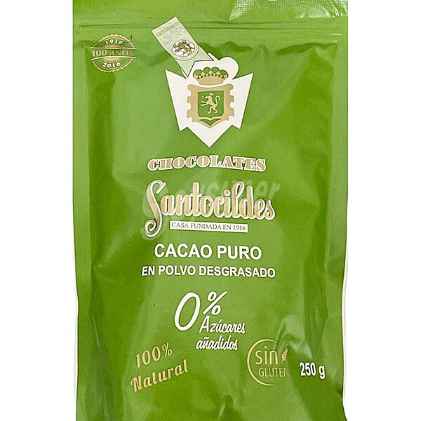 Cacao puro en polvo desgrasado 0% azúcares añadidos sin gluten