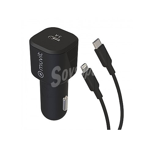 Cargador de vehículo Usb tipo-c muvit, 20W, cable tipo C a lightning, longitud 1m