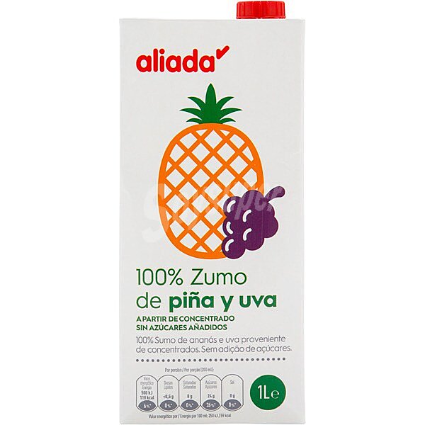 100% zumo de piña y uva a partir de concentrado sin azúcares añadidos