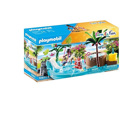 Conjunto de juego Piscina infantil con bañera hidromasaje, con accesorios y 3 figuras, 42 piezas, playmobil family FUN 70611