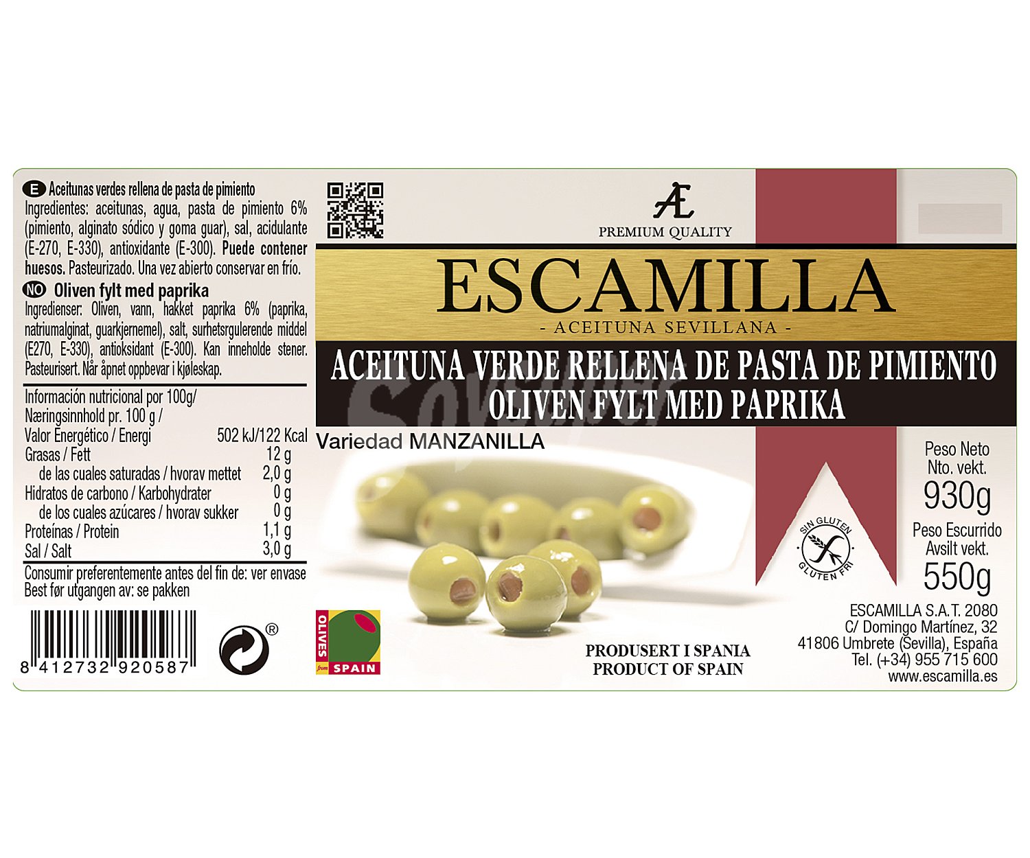 Aceitunas Manzanilla rellena pasta Pimiento