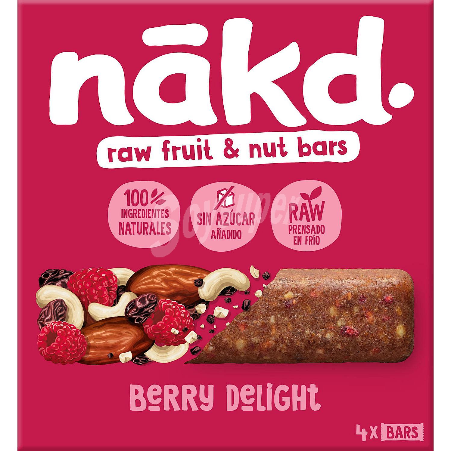 Barrita de frutas con frutos secos y frambuesas Nakd sin gluten, sin lactosa y sin azúcar añadido