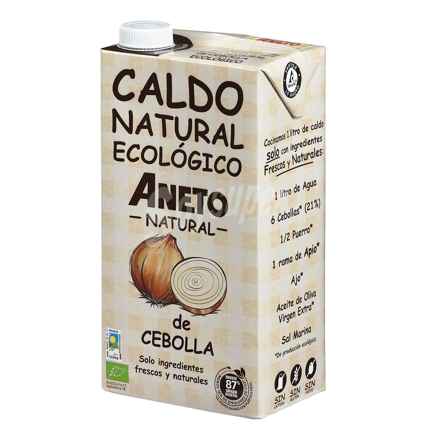 Caldo natural de cebolla ecológico Aneto sin gluten y sin lactosa