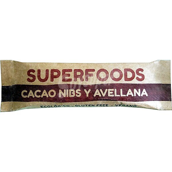 Superfoods barrita ecológiica con avellanas y nibs de chocolate sin gluten