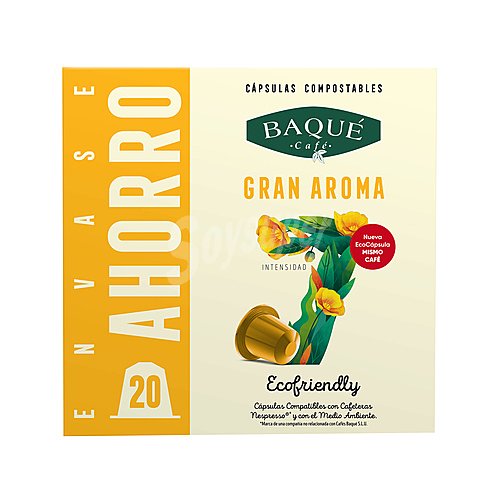 Baqué Café gran aroma en cásulas, compostable, intensidad 7 baqué