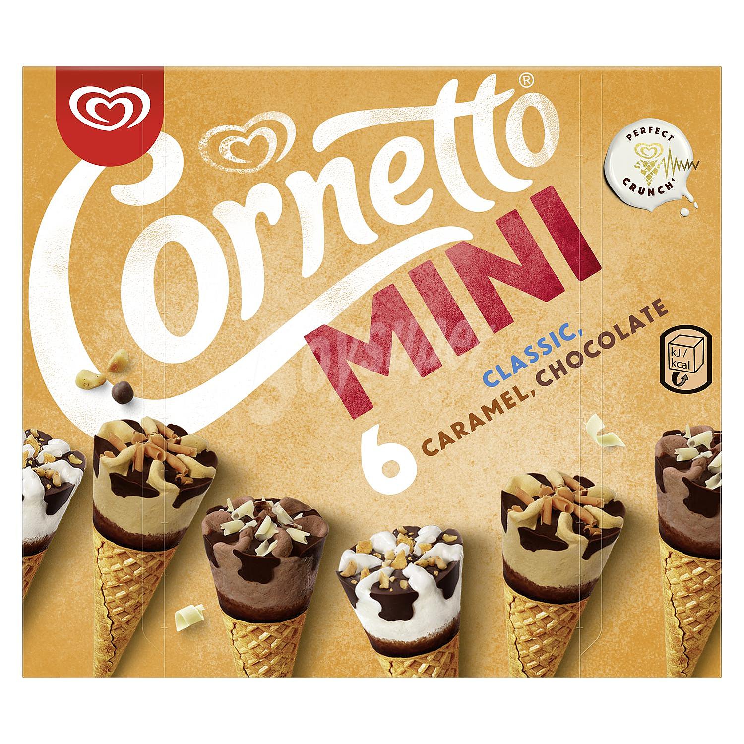 Conos con helado de nata, caramelo y chocolate Cornetto mini mix Frigo