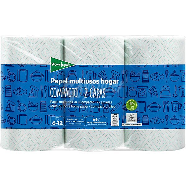 Papel de cocina compacto gofrado muy absorbente 2 capas paquete 6 rollos