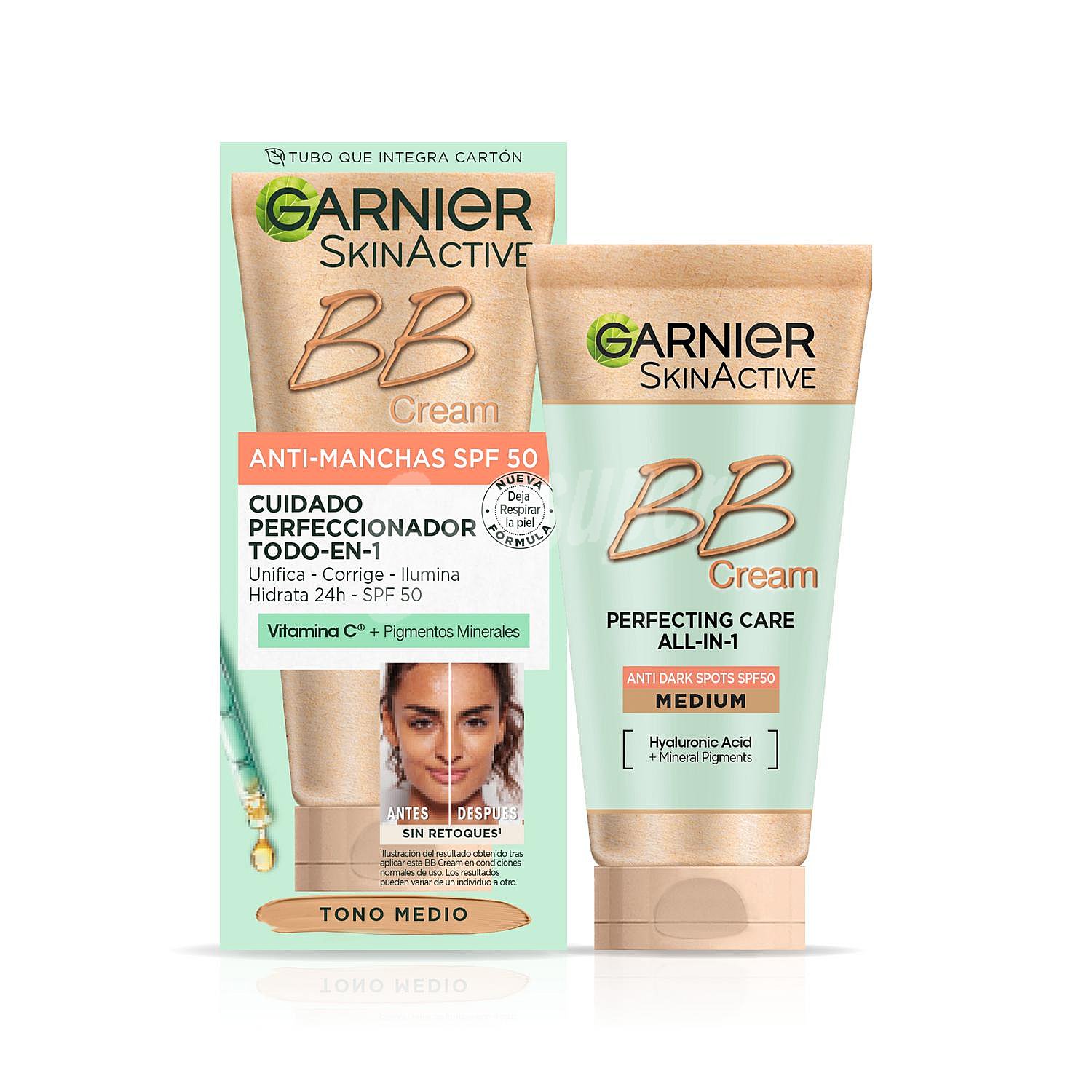 Crema facial BB Cream anti-manchas SPF 50 cuidado perfeccionador todo en uno tono medio Skin Active Garnier