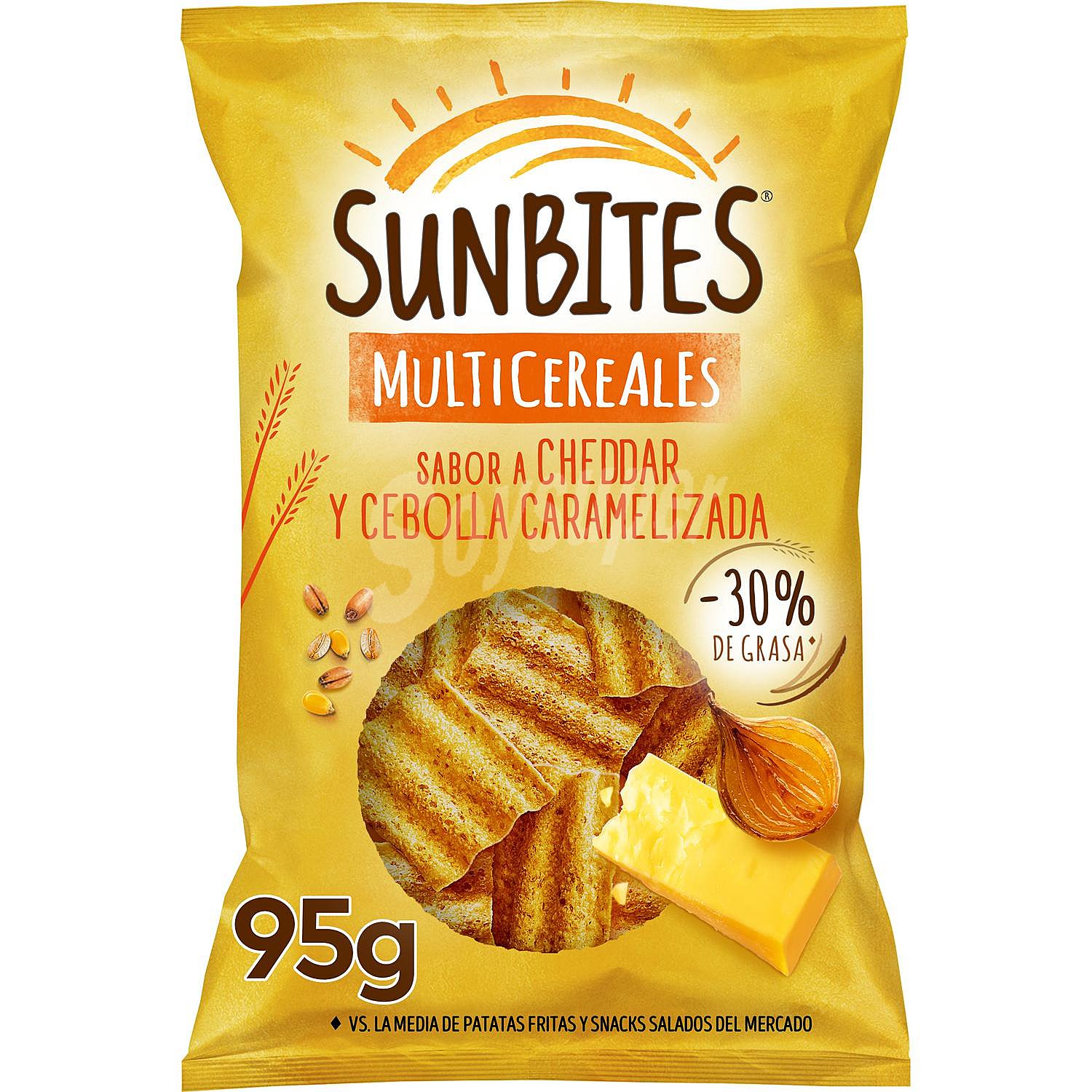 Snacks ondulados multicereales, con sabor queso cheddar y cebolla caramelizada