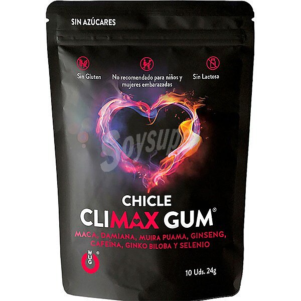 Climax chicle con maca, damiana, muira puama, ginseng, cafeína, ginko biloba y selenio sin gluten y sin lactosa, no recomendado para niños ni mujeres embarazadas