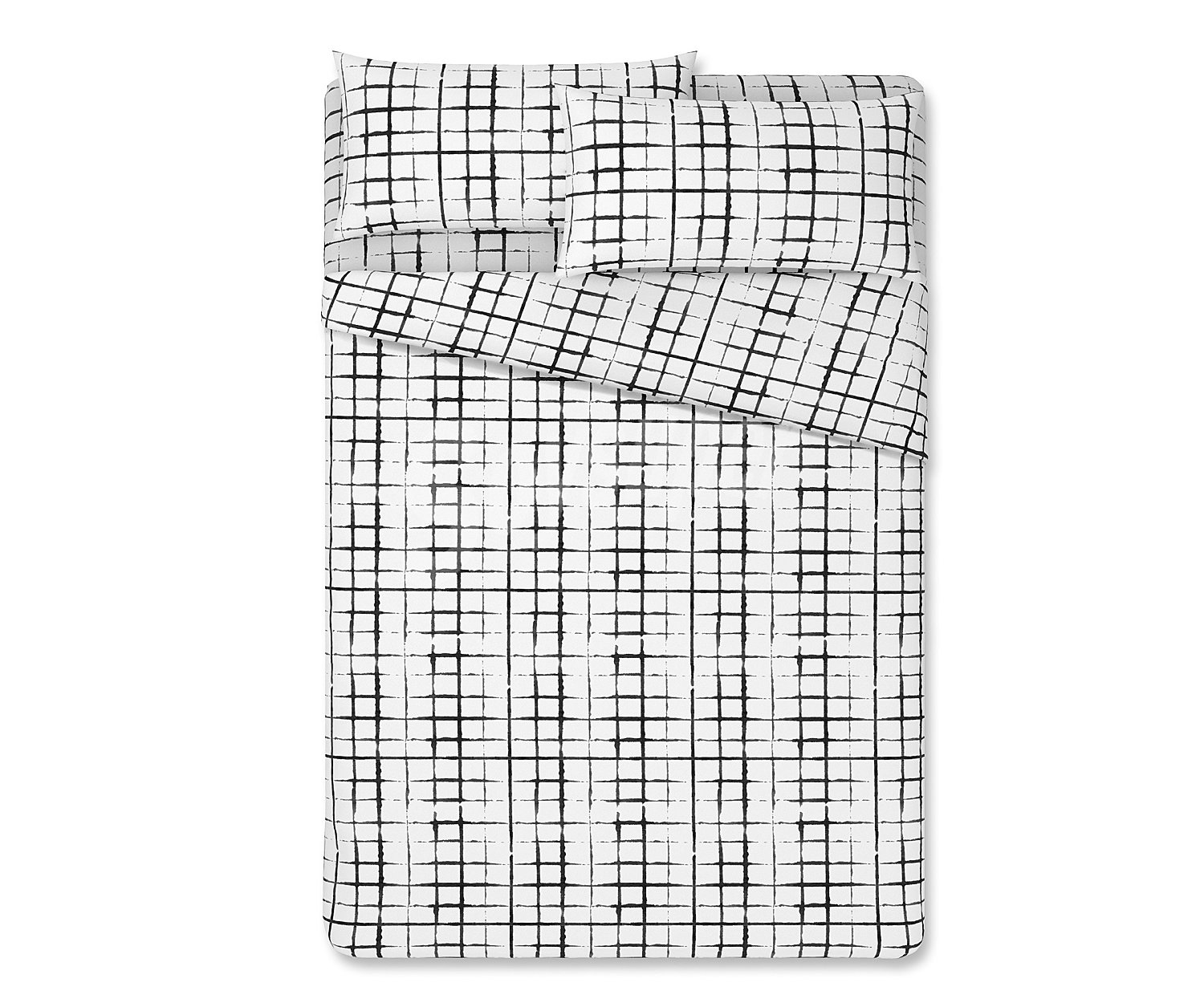 Juego de sábanas para cama de 150cm., 4 piezas, 48% algodón, diseño cuadros color blanco y negro, ACTUEL.