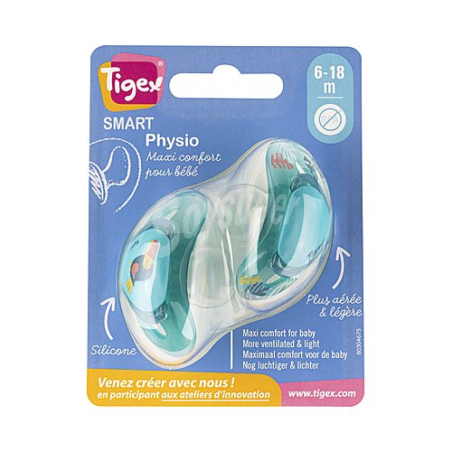 Pack 2 chupetes fisiológicos de silicona para bebes de 6 a 18 meses, color azul esmeralda , tigex.