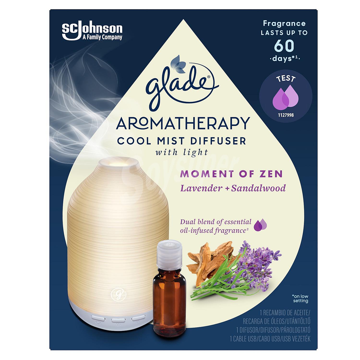 Ambientador automático con aceites esenciales de lavanda y sándalo moment of zen Aromatherapy aparato y recambio Glade