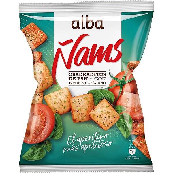 Ñams cuadraditos de pan con tomate y orégano