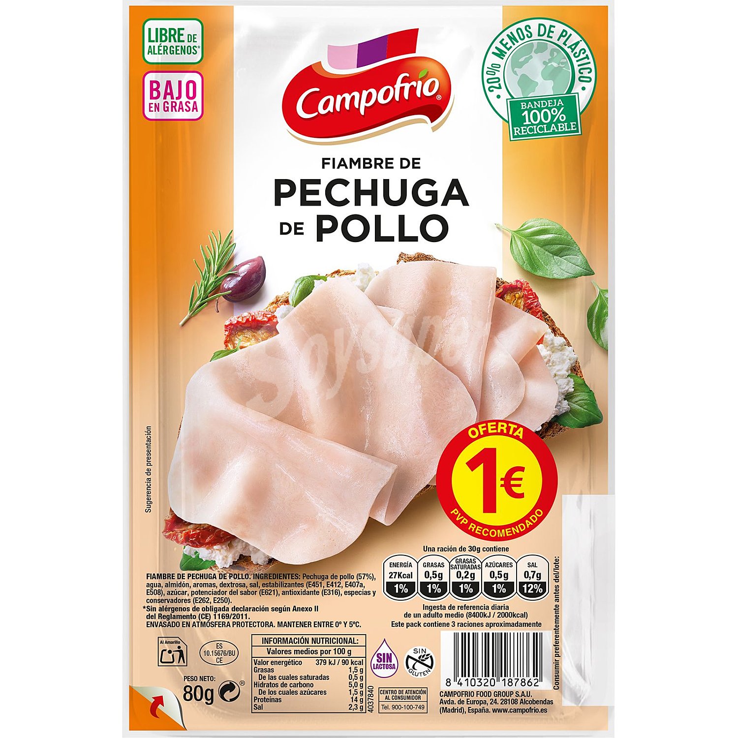 Fiambre de pechuga de pollo extra-jugosa, cortada en lonchas campofrío