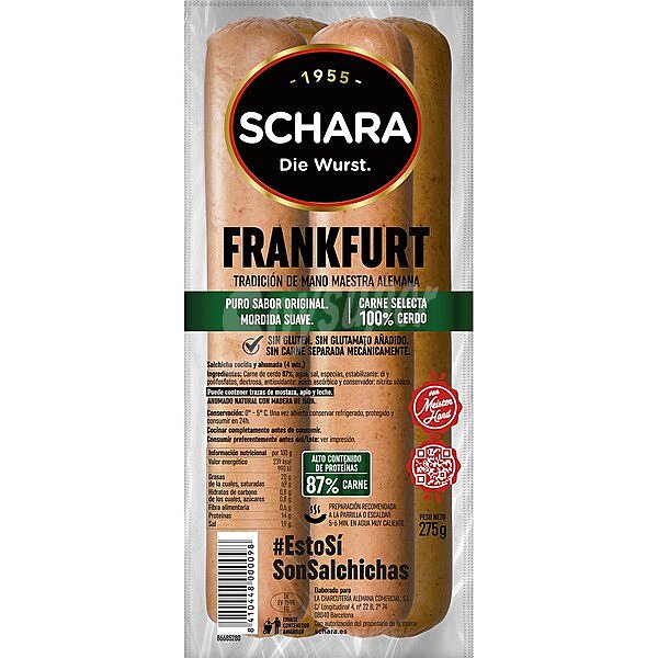 Salchichas cocidas y ahumadas tipo Frankfurt, especiales para parrilla schara