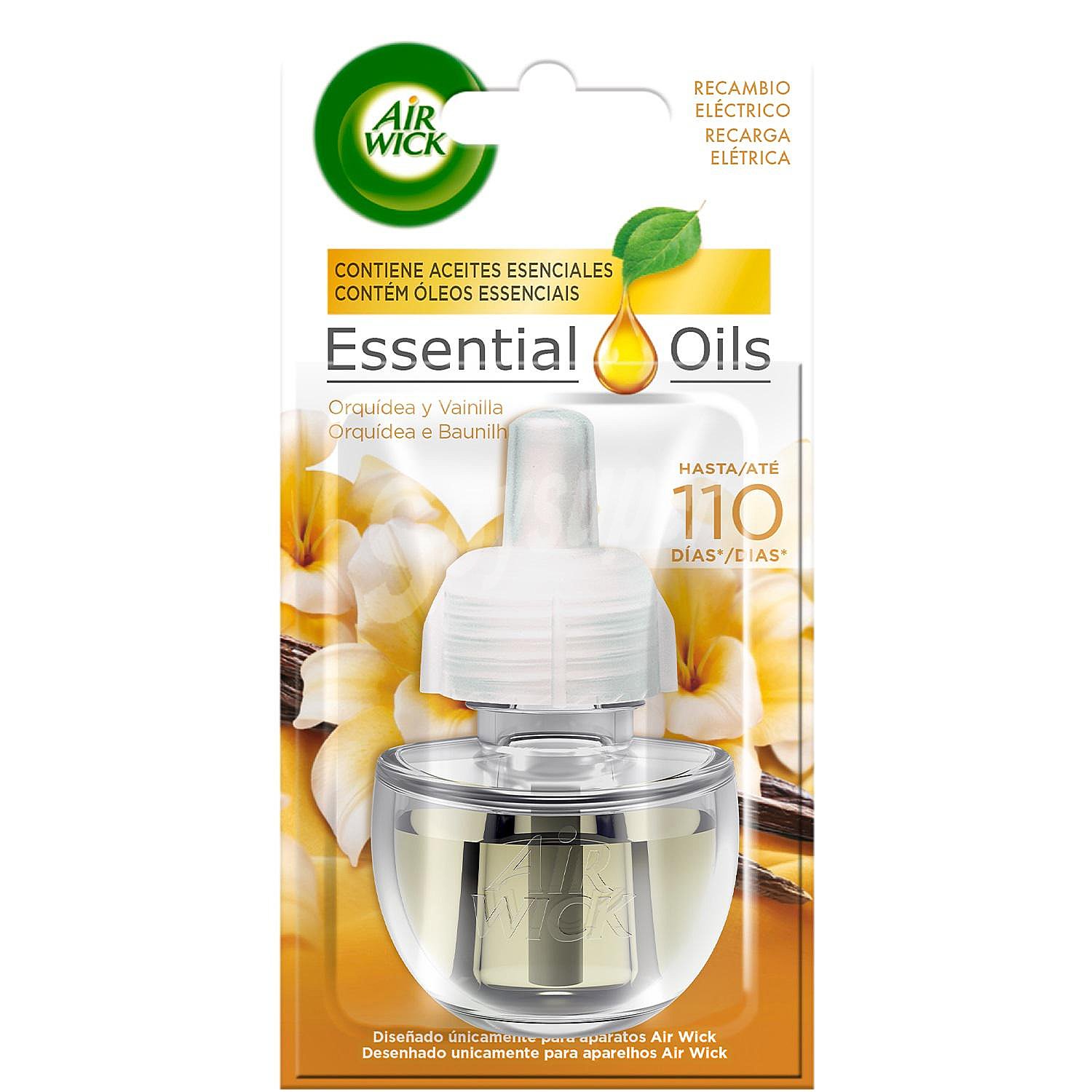 Ambientador eléctrico fragancia a orquídea y vainilla Essential Oils recambio Air Wick